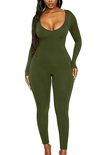 Mulisky Women's Sexy Long Sleeve Bodycon Jumpsuit Rompers One Piece Outfits Army Green L | Amazon (US)