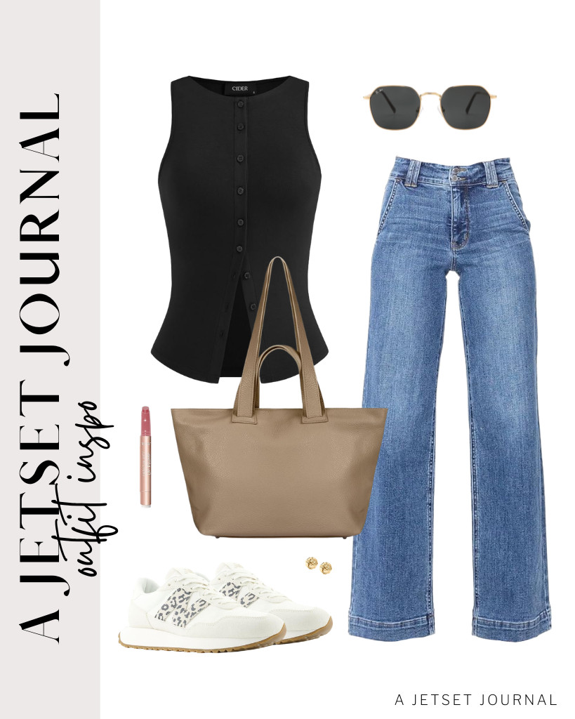 This classy combination of a black CIDER button-down tank top and high-waist jeans is another outfit you will love! You can wear New Balance sneakers and Pro Acme hexagonal sunnies to style this chic fit.

#LTKSeasonal #LTKSaleAlert #LTKTravel
 

 