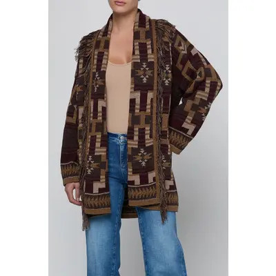 L'AGENCE Jair Geo Pattern Fringe Cardigan in Natural Multi at Nordstrom, Size Large | Nordstrom