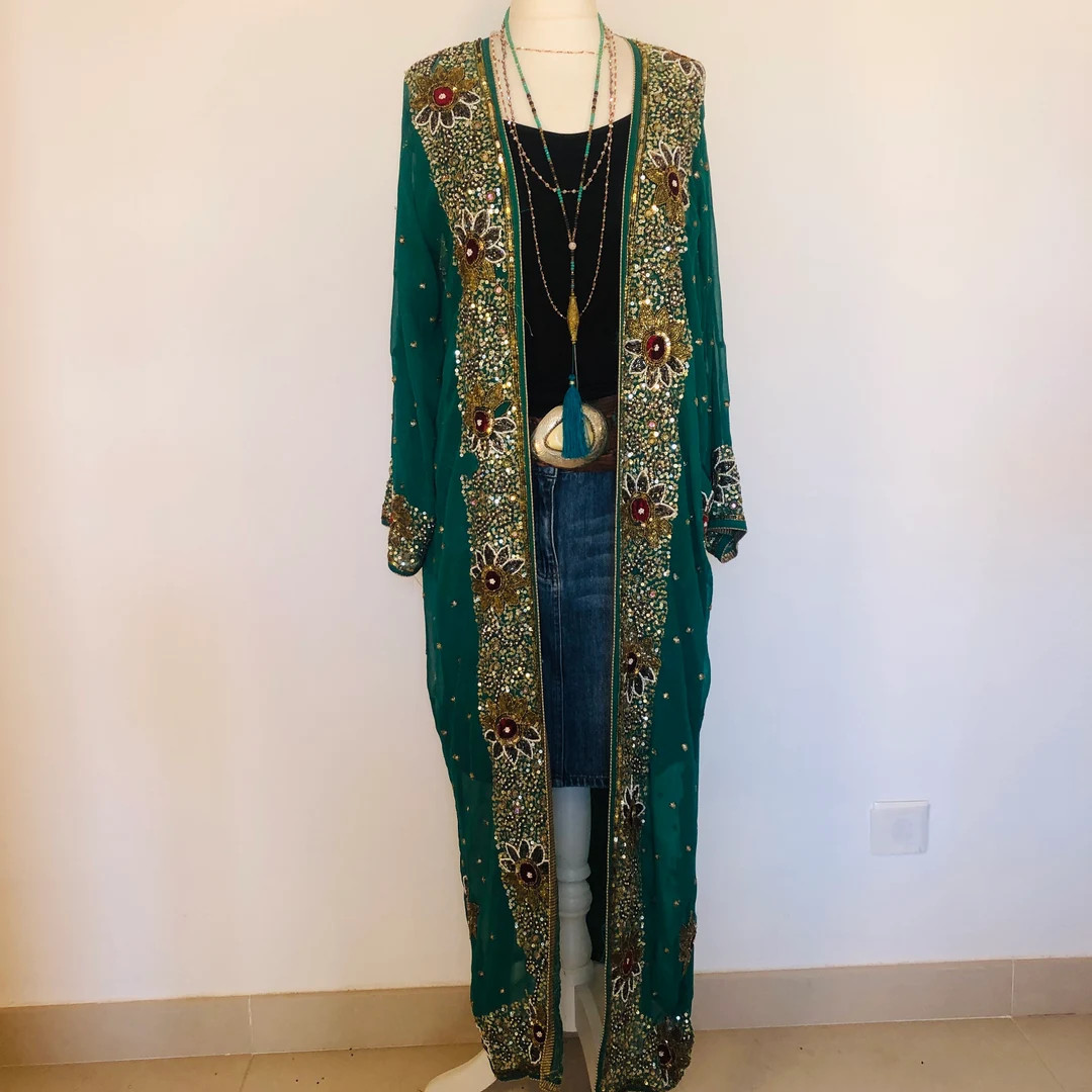 Boho Sequinned Kimono,unique Gold Embroidery,long Handmade Robe ,goddess Duster,hippy Chic,70s St... | Etsy (US)