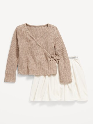 Long-Sleeve Ribbed Wrap-Front Top and Velvet Skirt Set for Toddler Girls | Old Navy (CA)