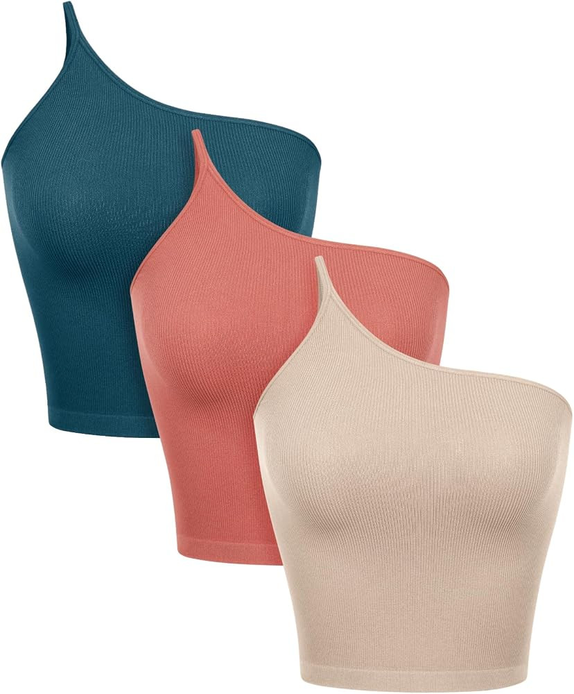 ODODOS 3-Pack One Shoulder Crop Cami Tank for Women Seamless Ribbed Asymmetric Cropped Tops | Amazon (US)