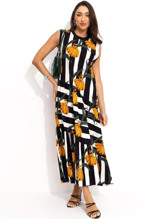 Vestido Longo Confeccionado Em Viscose, Decote Reto Com Alças Ajustáveis, Costura Abaixo Do Bus... | Posthaus (BR)