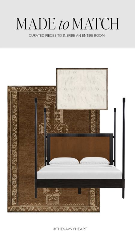 Moody and dark brown, black and cream bedroom design with poster bed, abstract scribble art, and Spanish Mediterranean hand knotted rug 