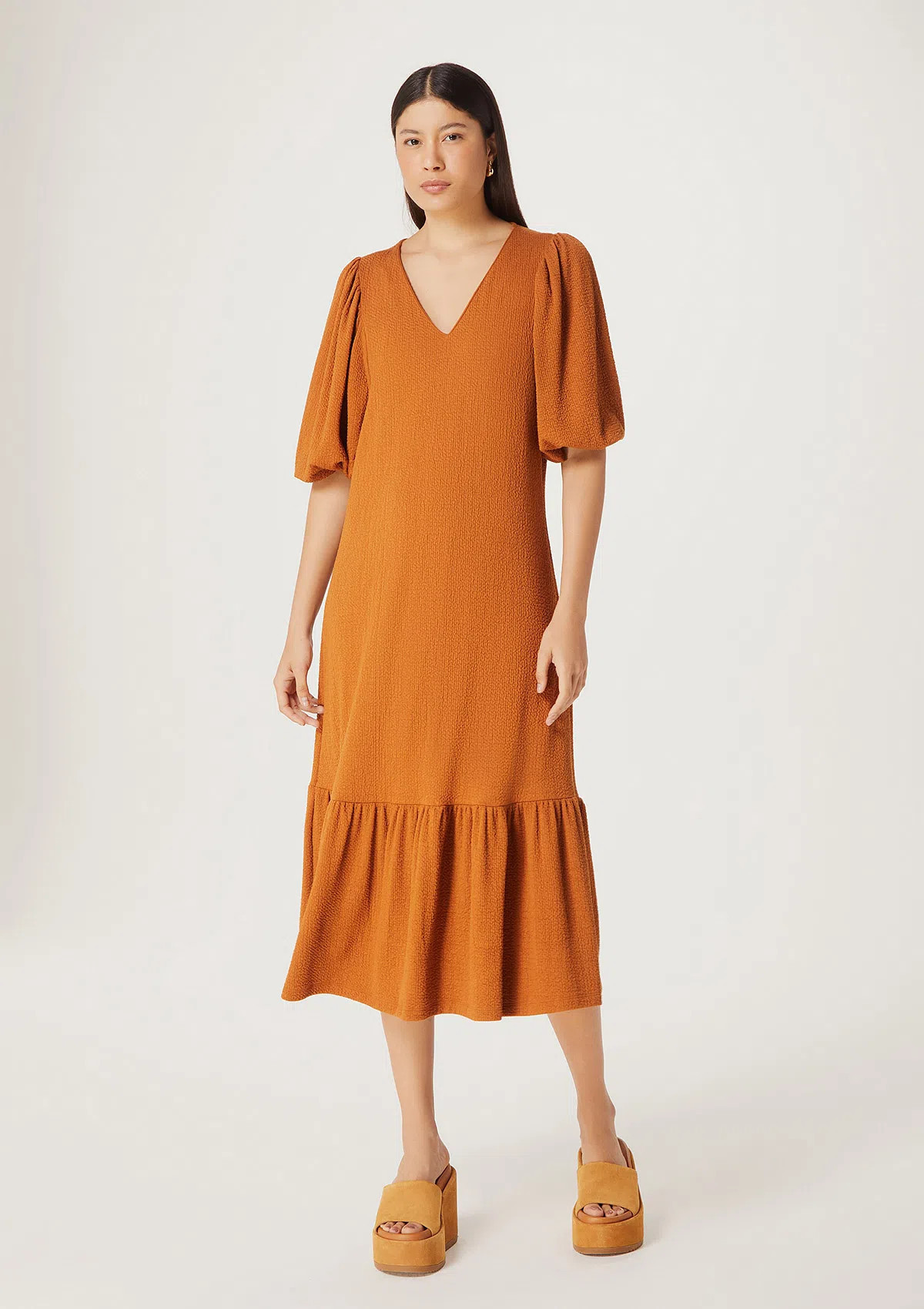 Vestido Midi Manga 3/4 Em Malha Texturizada - Hering Store | Hering (BR)