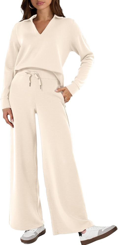 Glamaker Women's 2 Piece Sets Outfits Casual Long Sleeve Sweatsuits Polo Top and Wide Leg Pants M... | Amazon (US)