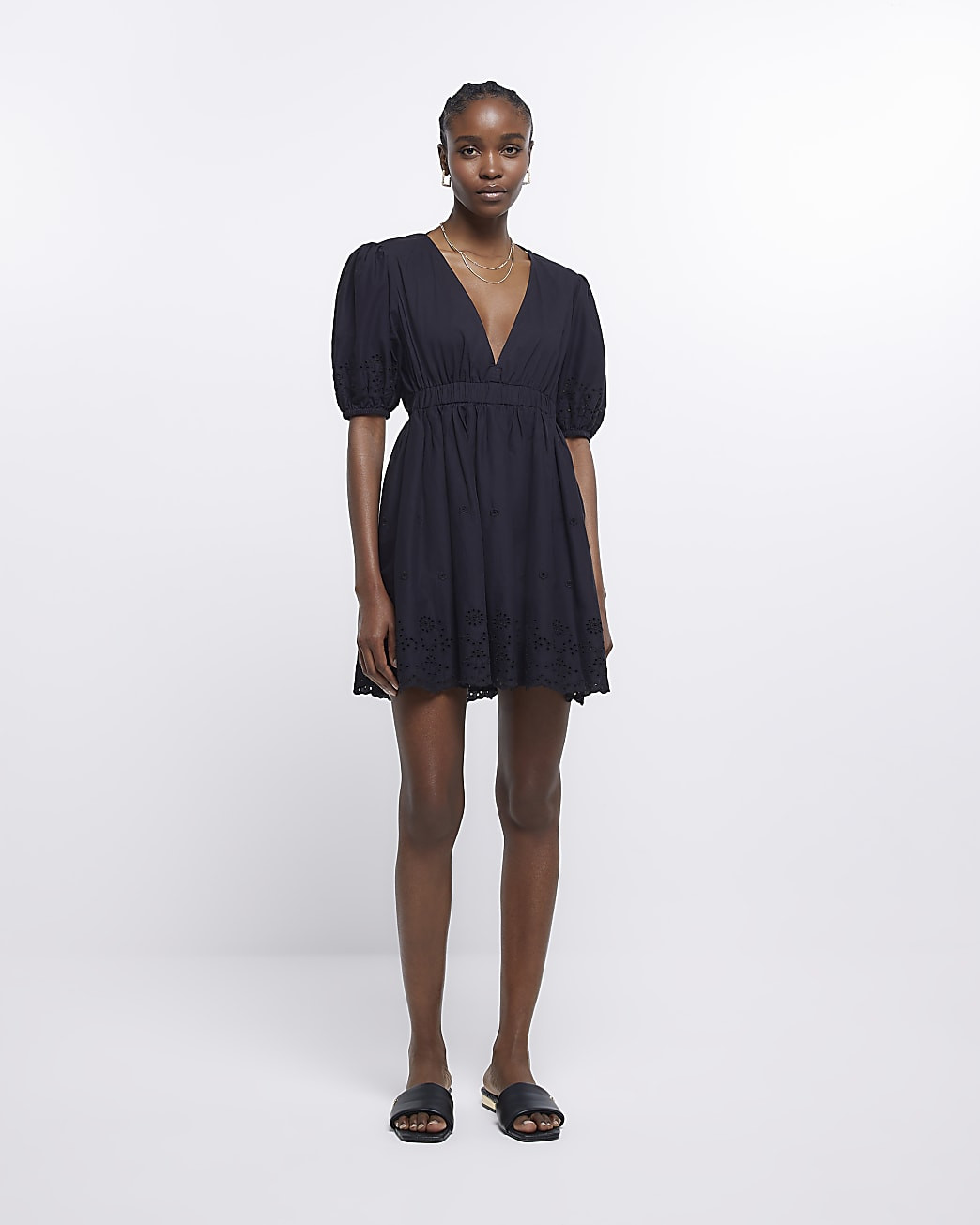 Black broderie puff sleeve skater mini dress | River Island (UK & IE)