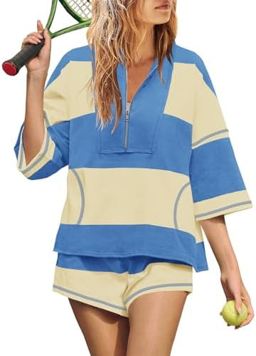 Yanekop Womens 2 Piece Outfits Summer Striped Lounge Set Two Piece Matching Workout Sets Oversize... | Amazon (US)