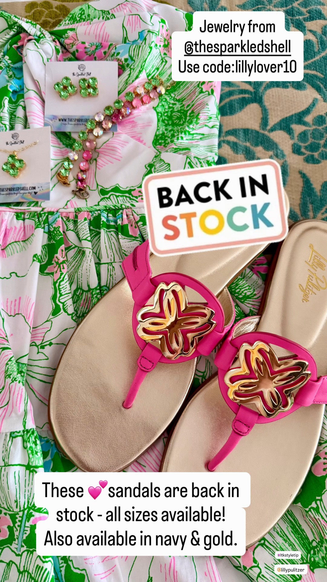 Sandals 

Back in Stock! 💕

These fan-favorite sandals are finally back—and they’re available in all sizes! If you missed them the first time, now’s your chance because they always seem to sell out.

I paired them with one of my favorite Lilly Pulitzer dresses and the prettiest coordinating jewelry from The Sparkled Shell to create the perfect colorful summer outfit.

✨ Available in:
💗 Pink
💙 Navy
✨ Gold

Don’t forget to use my code LILLYLOVER10 to save on @thesparkledshell.com

Linked several outfits to match these sandals below. 

Lilly Pulitzer sandals
Pink sandals
Resort sandals
Summer sandal
Vacation outfit
Colorful fashion
Lilly style
Preppy style
Summer accessories
Vacation wardrobe
Beach vacation outfit
Resort wear
Women’s sandals
Sparkled Shell jewelry
Statement sandals

#LillyPulitzer #LillyStyle #ResortWear #PinkSandals #SummerStyle #VacationStyle #PreppyStyle #ColorfulFashion #TheSparkledShell #ShopLTK #LTKStyleTip #LTKFashion #ResortFashion #VacationWardrobe #SummerOutfit #OOTD #CoastalStyle #ClassicStyle #SandalSeason #WearTheColor

#LTKSeasonal #LTKOver40 #LTKTravel