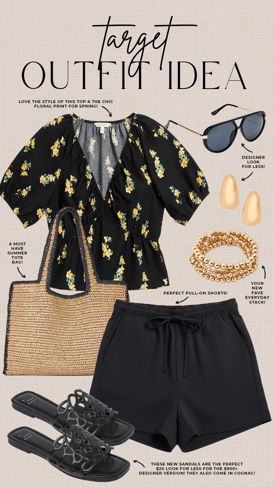 Neutral, elevated spring outfit idea from Target!

#targetfinds

Target finds. Target fashion. Target new arrivals. Target spring style. Target summer style. Target black pull on shorts. Target straw tote. Target designer inspired sandals. Target floral spring blouse  

#LTKSeasonal #LTKdayinmylife #LTKootd