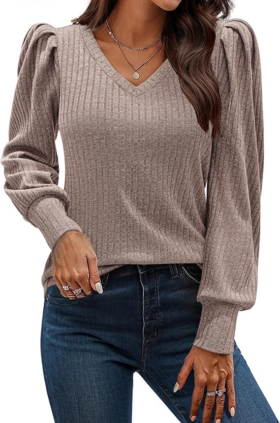 HOTOUCH Women's Knit Shirt Soft Puff Long Sleeve Blouse Tops Lightweight V Neck Tunic XS-XXL | Amazon (US)