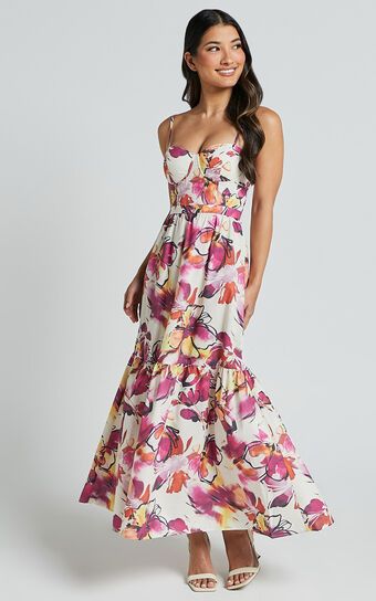 Adara Midi Dress - Strappy Bustier Dress in Dahlia Dusk Floral | Showpo (US, UK & Europe)