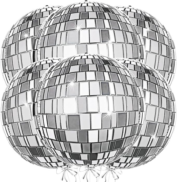 Silver Disco Ball Balloons, 6Pcs 22Inch 4D Metallic Silver Round Foil Balloon with Straw for Disc... | Amazon (US)