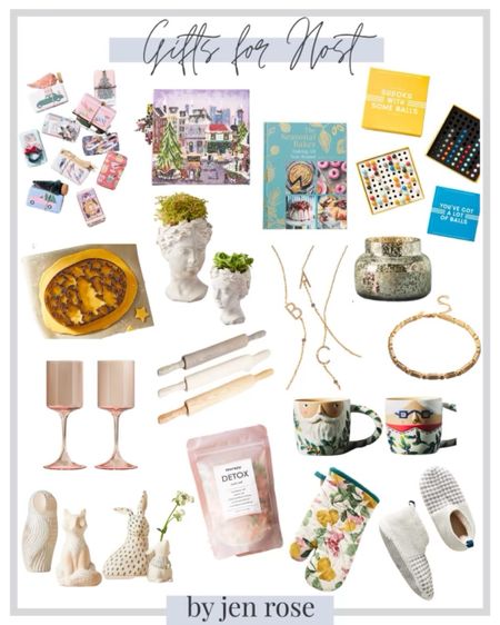 gifts for the host / party gifts / party games / good initial necklace  / tennis bracelet / slippers / candle / cook book / rolling pins / cookie cutter / wine glasses / home decor / holiday soap / coffee mugs 

#LTKSeasonal #LTKhome #LTKHoliday
