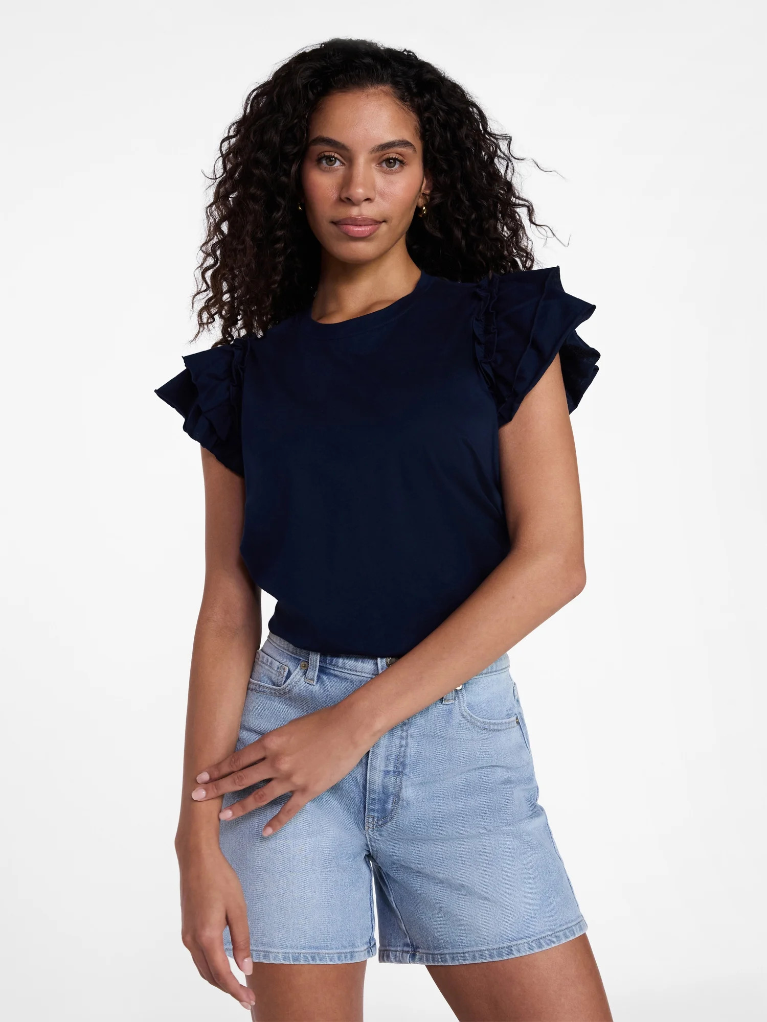 Time and Tru Women's Cotton Crewneck Tee with Ruffle Flutter Sleeves, Sizes XS-XXXL | Walmart (US)
