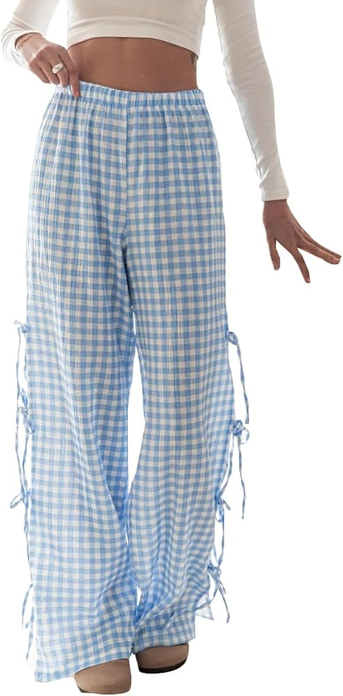 Women Y2K Pajama Pants Bow Tie Side Loose Trousers Striped Lounge Pants High Waist Wide Leg Sweat... | Amazon (US)