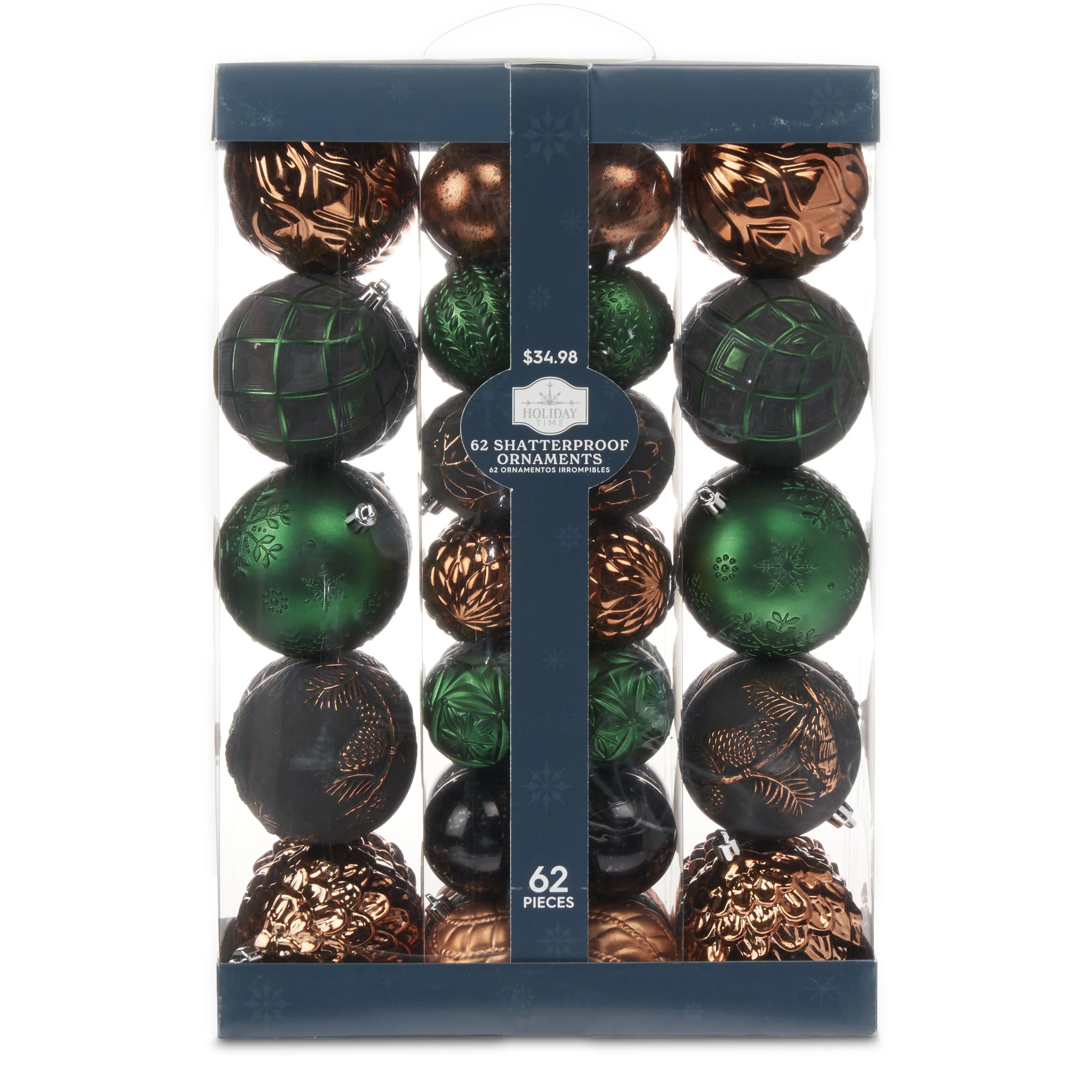 Holiday Time 62 count Copper/Green/Gold Shatterproof, 90mm & 60mm - Walmart.com | Walmart (US)