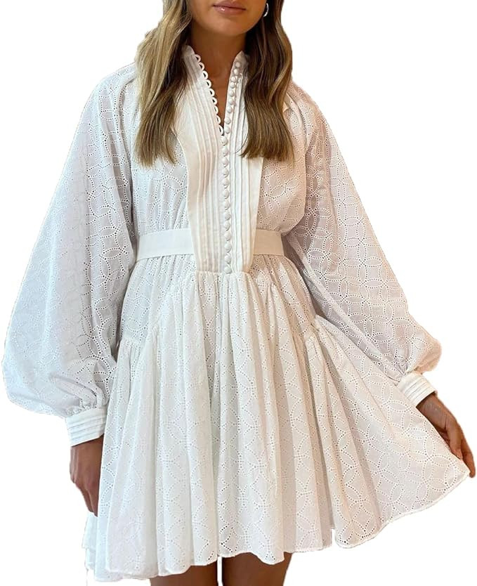 Aofur Summer Cotton V Neck Long Losse Sleeve Casual Party A-Line Dresses Embroidery Short Dress | Amazon (US)
