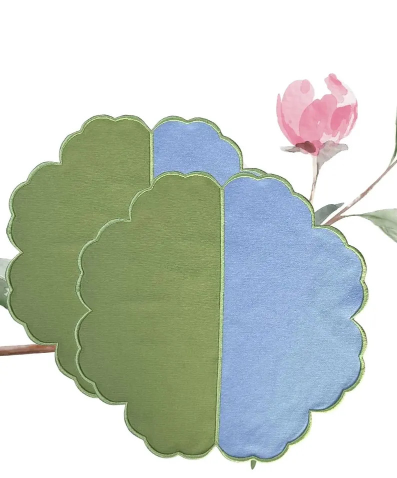 Duality Green Blue Fabric Placemat Handmade Scalloped Edge Embroidered Personalized Table Placema... | Etsy (US)