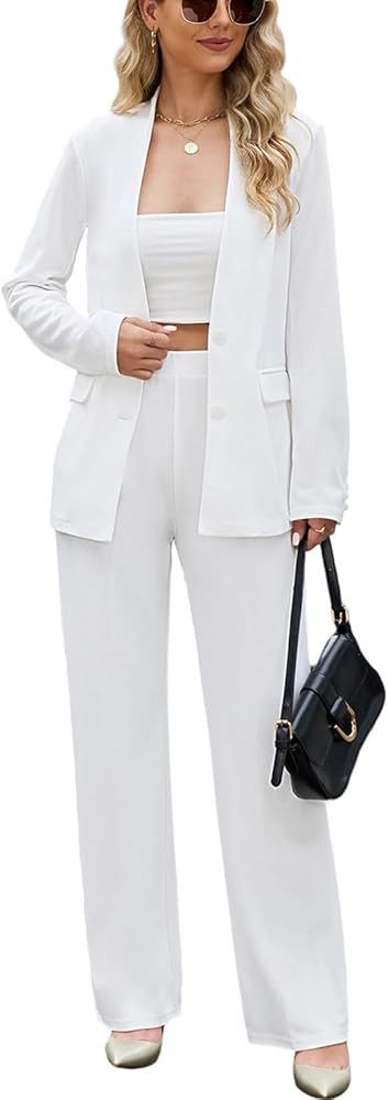 Women's 2 Piece Suits Business Casual Outfits Straight Wide Leg Pants Suits Professional Office W... | Amazon (US)