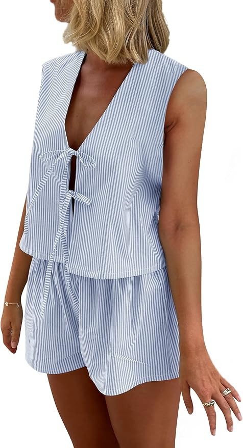 Seyurigaoka Women 2 Piece Gingham Lounge Sets Y2k Tie Front Vest Top Plaid Boxer Shorts Matching ... | Amazon (US)