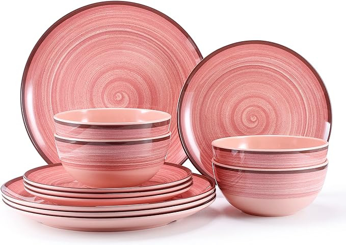 12Pcs Melamine Dinnerware Set, Plates And Bowls Sets for 4, Pink Color Dinnerware Sets, Melamine ... | Amazon (US)