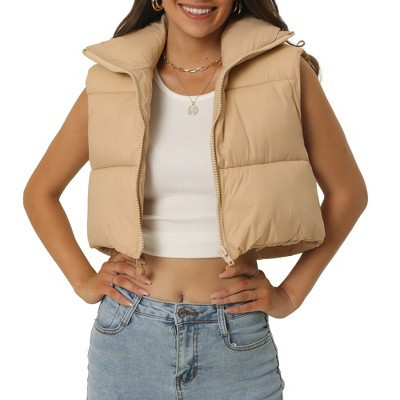 Seta T Women's High Stand Collar Lightweight Zip Puffer Crop Padded Vest Khaki Large | Target
