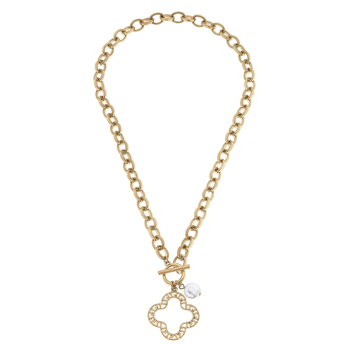 Parker Greek Keys Clover T-Bar Pendant Necklace in Worn Gold | CANVAS