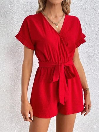 SHEIN Privé Solid Belted Wrap Detail Romper | SHEIN