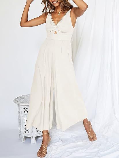 ANRABESS Women's Summer Wide leg Jumpsuits V Neck Smocked Cutout High Waist Thick adjustable stra... | Amazon (US)
