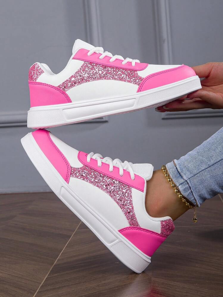 New Stylish Round Toe Lace-Up Color Block Sneakers, Comfortable Casual Canvas Shoes For College Girls, Pink | SHEIN