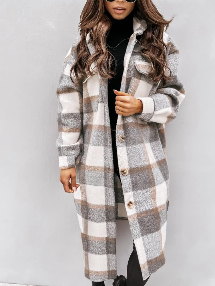 Yousify Womens Oversize Plaid Lapel Brushed Button Down Pocketed Long Shirt Jacket Shacket Coat | Amazon (US)