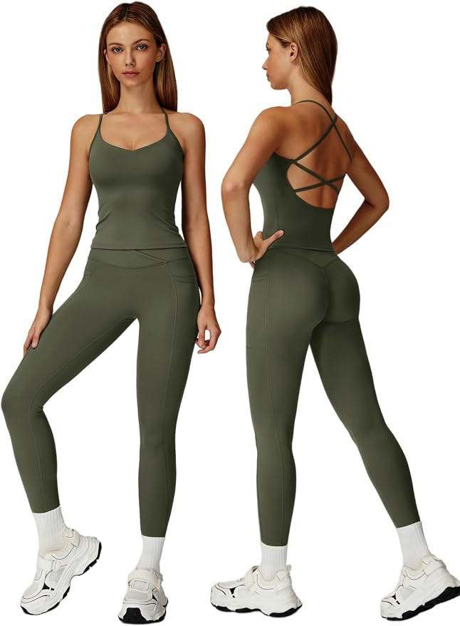 ABOCIW Womens 2 Piece Workout Sets Strappy Crop Tank Corssover High Waist Leggings with Poacket G... | Amazon (US)