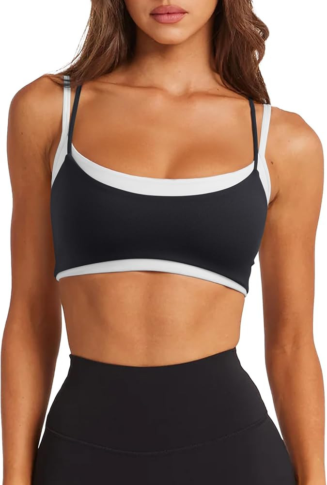 LASLULU Womens Double Layered Sports Bra Spaghetti Straps Workout Yoga Tops | Amazon (US)