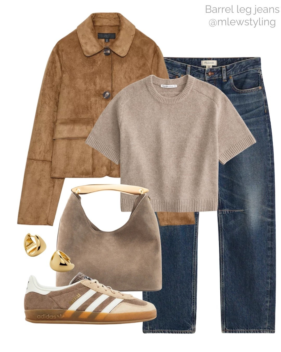 Fall outfit with a Zara suede jacket and madewell barrel leg jeans 🤎

Tags: dark wash denim, Abercrombie sweater tee, taupe suede Elleme bag, adidas gazelle sneakers, gold earrings, neutral aesthetic, capsule wardrobe, autumn fashion 

#LTKItBag #LTKShoeCrush #LTKxMadewell