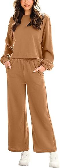 Prinbara Women's Casual Two Piece Outfits Long Sleeve Crop Top Wide Leg Pants Knit Sweatsuit Loun... | Amazon (US)