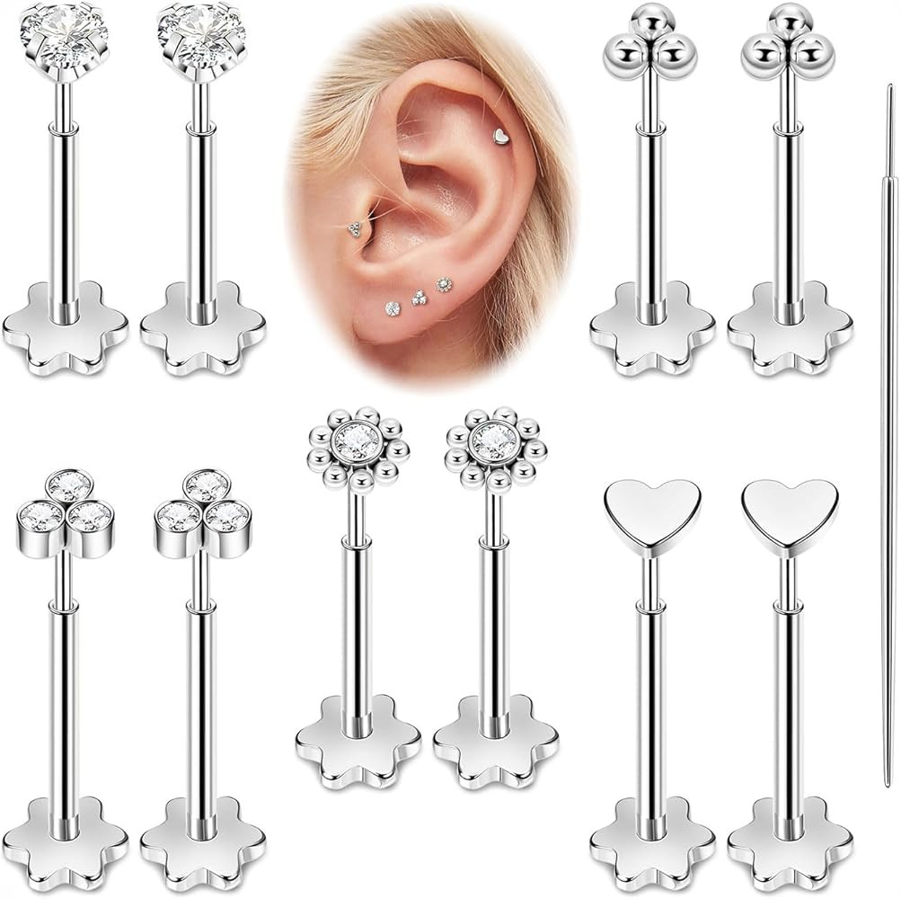 5Pairs 18G 20G Threadless Earring for Women 316L Stainless Steel Push in Earrings CZ Flower Flat ... | Amazon (US)