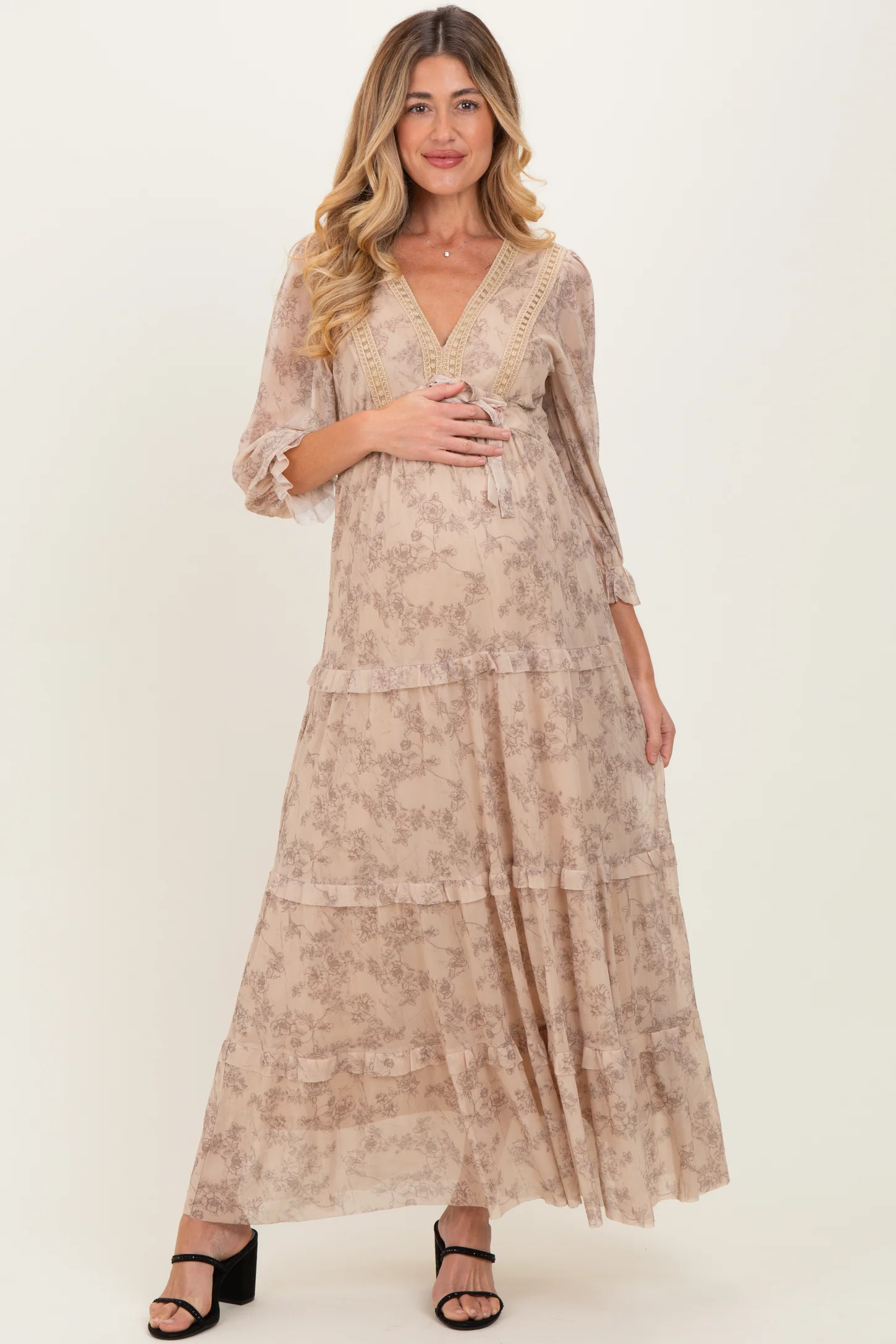 Camel Floral Mesh Overlay Lace Trim Maternity Maxi Dress | PinkBlush Maternity