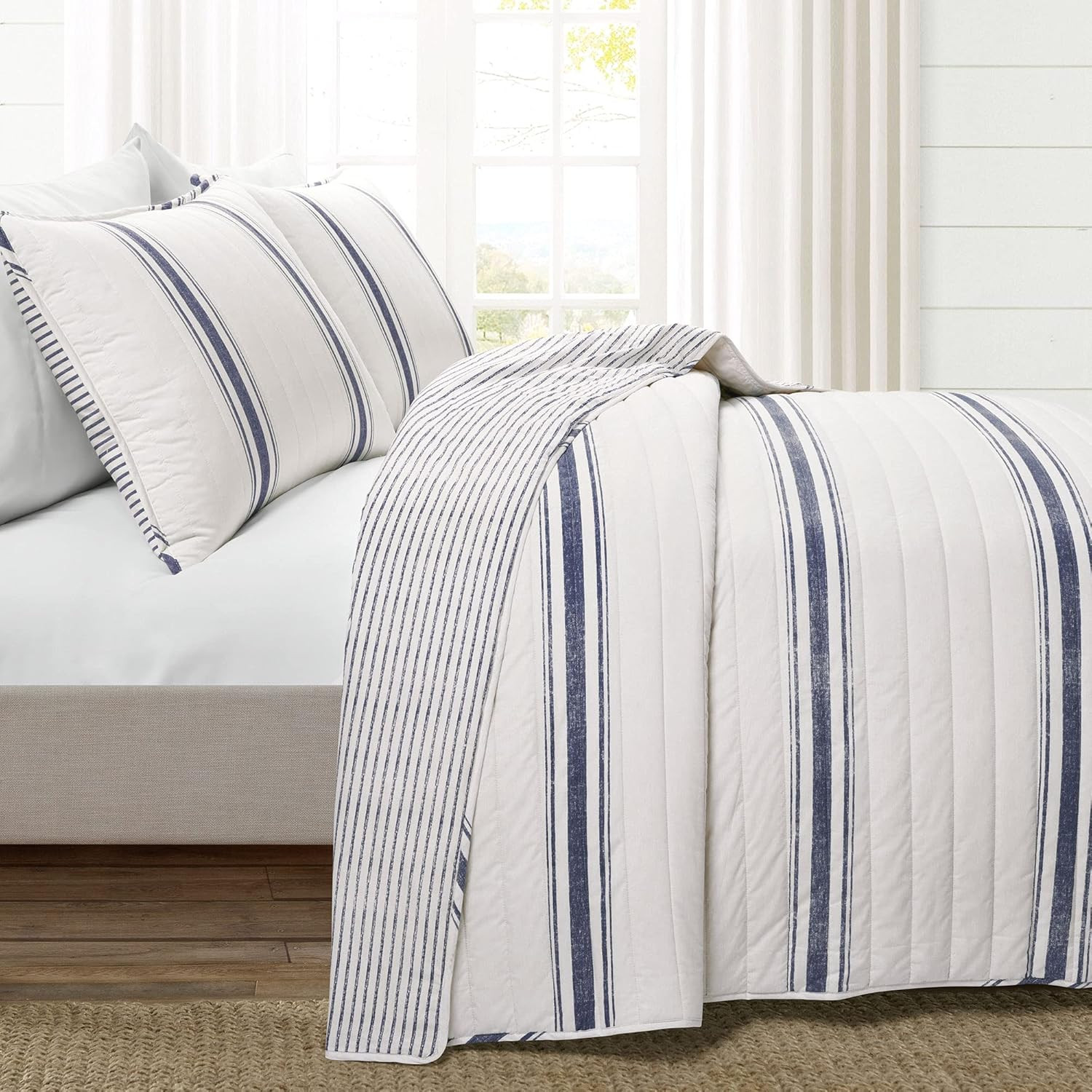 Lush Decor Farmhouse Stripe Reversible Cotton 3 Piece Quilt Set, King, Navy | Amazon (US)