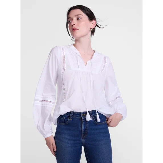 Scenario Women's and Women's Plus Embroidery Top with Lace Inserts, Sizes XS-4X | Walmart (US)