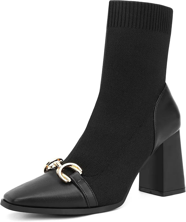 NEWBELLA Women's Ankle Boots - Knit Stretch Booties with Round Toe, Chunky Platform Block Heel Pu... | Amazon (US)