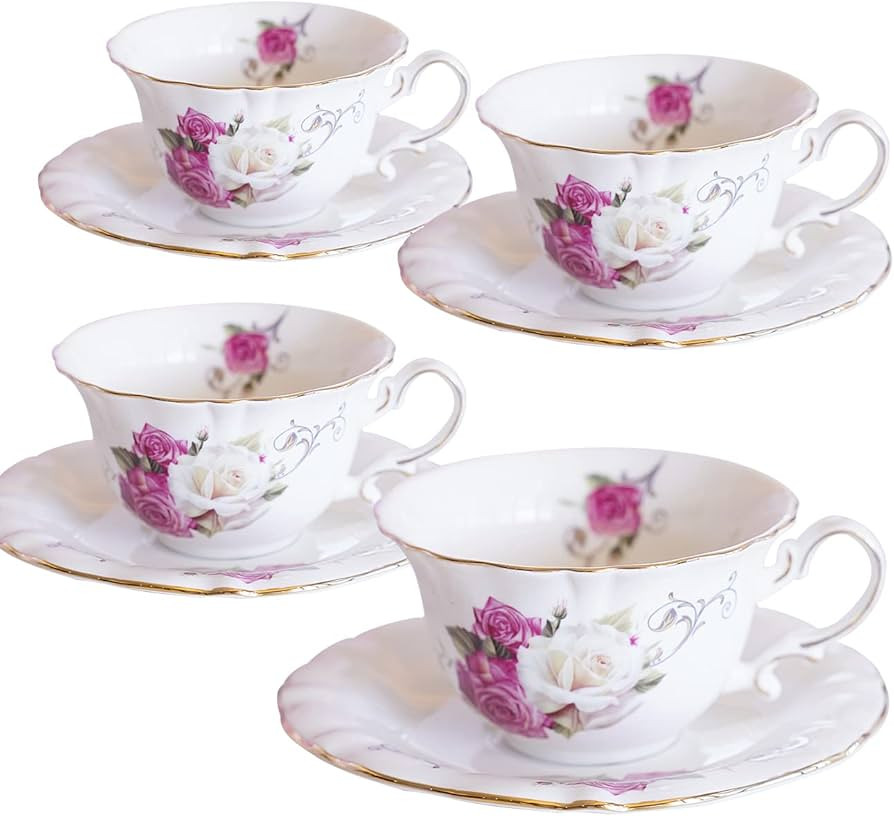 Jomop Ceramic Tea Cups Coffee Cup and Saucers Set of 4 (Rose) | Amazon (US)