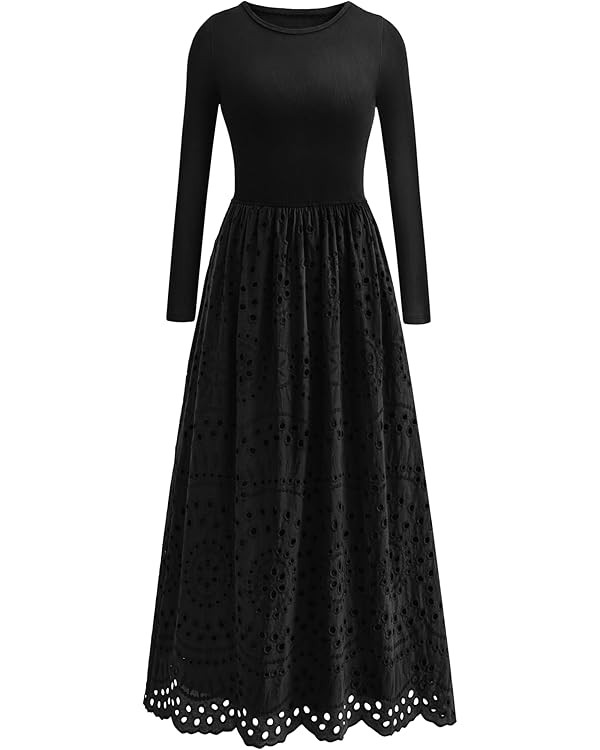 dowerme Women Fall Dresses 2025 Casual Long Sleeve Crewneck A-Line Boho Eyelet Cotton Maxi Weddin... | Amazon (US)