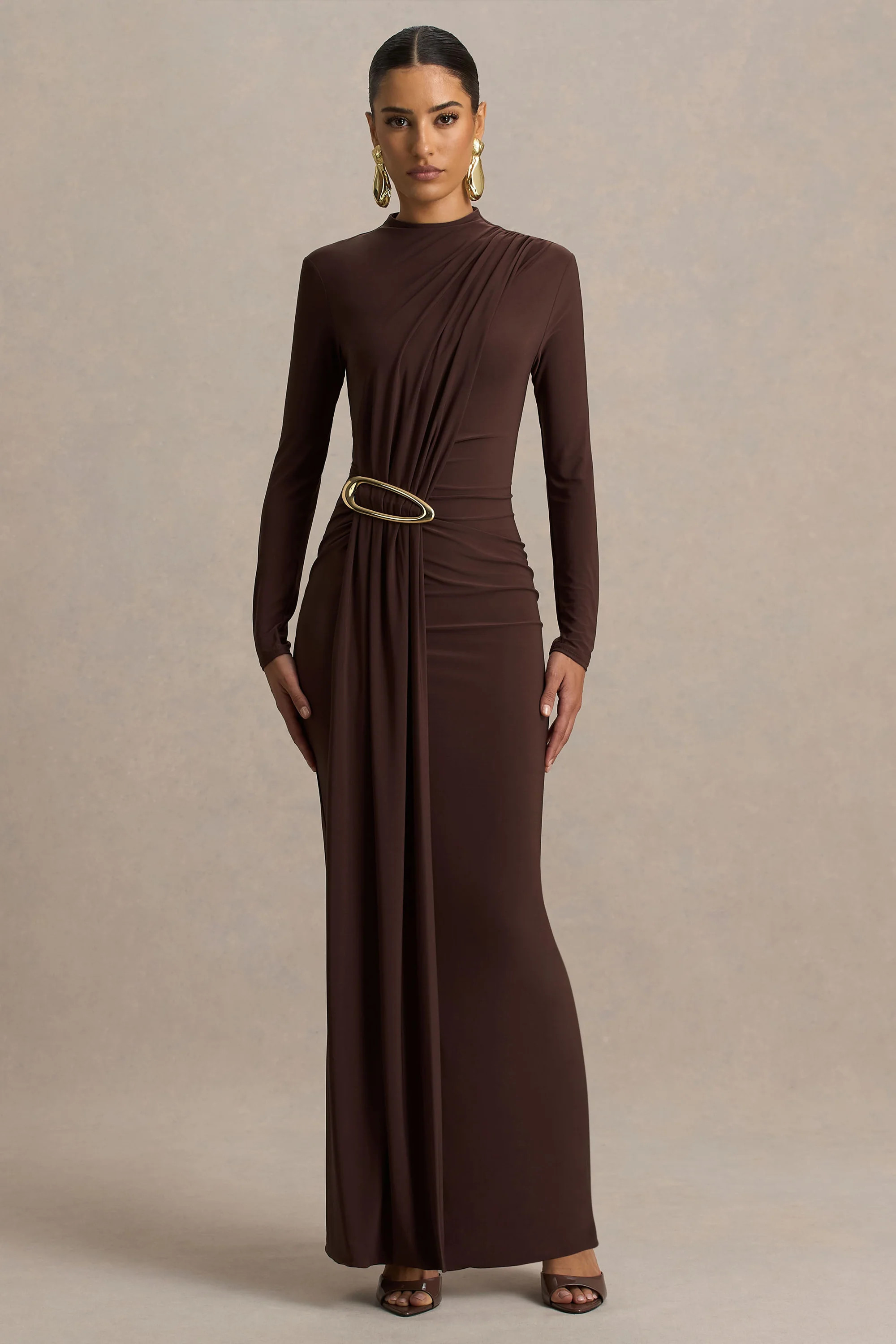 Zadie | Brown High-Neck Maxi Dress With Gathered-Detail | Club L London