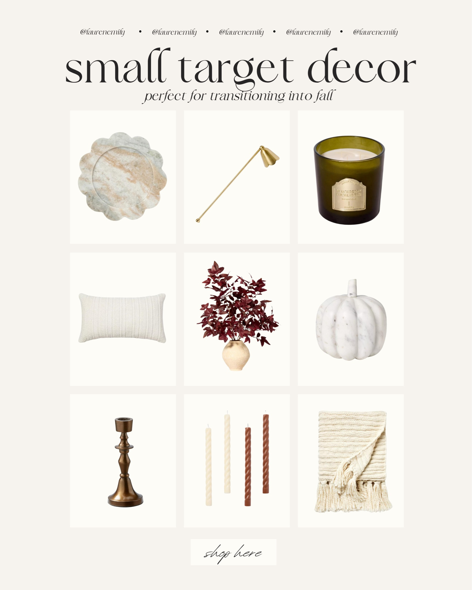 With fall right around the corner, I have slowly started to look at fall decor. Look, I know it is still summer and I am so not ready for it to end! However, it’s fun to start collecting little pieces that can be displayed leading up to a new season! These pieces aren’t “in your face happy halloween” - so you can put them out earlier than the rest of your decor!

I love the cute candle sticks, knitted throw and pillow, marble pumpkin, and fall leaf plant. Target has the cutest small home decor finds for fall!

These are the best affordable fall furniture and decor pieces for transitioning into autumn home style! 

Fall home decor, fall home, fall candle, affordable home decor, home style, target home, target fall decor, target decor finds

#LTKHome