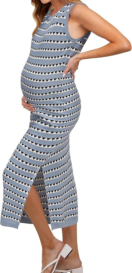 OUGES Maternity Dress Midi Dress Sweater Dress Knit Striped Bodycon | Amazon (US)