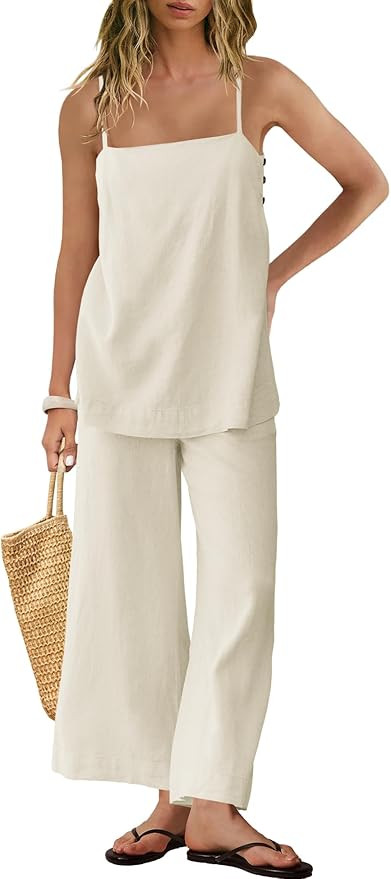 Panadila 2 Piece Linen Set Summer Travel Beach Vacation Outfit Sexy Spaghetti Strap Tank Top and ... | Amazon (US)