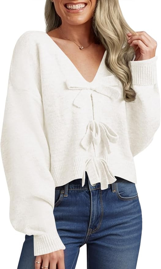 Saodimallsu Womens Bow Sweater Cropped V Neck Long Sleeve Fall Cozy Knit Loose Trendy Pullover Sw... | Amazon (US)