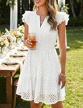 ZESICA Women's Summer Flutter Short Sleeve Mini Dress 2026 V Neck Hollow Out Eyelet A Line Swing ... | Amazon (US)