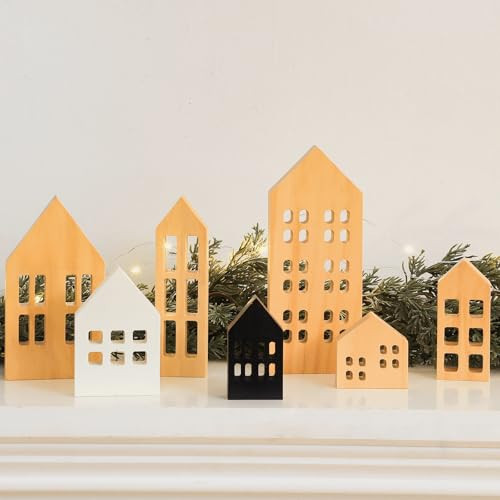 Menkxi 7 Pcs Christmas Wood House Christmas Wooden Block Signs Rustic Christmas Table Decor Small Houses Christmas Decor Farmhouse Wooden Cutouts for Xmas Winter Holiday Tabletop Centerpiece Sign | Amazon (US)